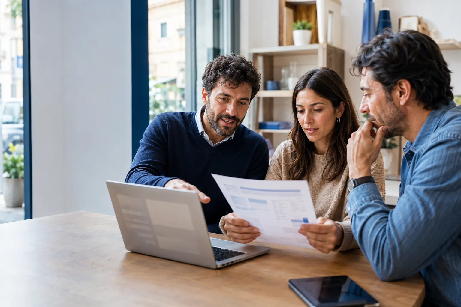 Consulente confronta offerte luce e gas con due clienti